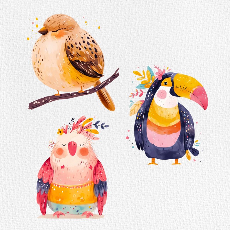 May include: Three cartoon birds with colorful feathers and floral accents. A brown bird with yellow accents sits on a branch. A toucan with a yellow beak and blue body has a floral crown. A pink bird with a yellow belly and floral crown.