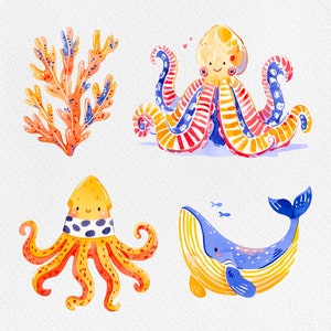 Pu&ograve; includere: Illustrazione ad acquerello di quattro creature marine: un polpo a strisce rosse e blu, un polpo giallo con pois neri, una balena blu e gialla e un'alga rossa e arancione.