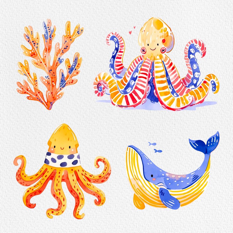 Pu&ograve; includere: Illustrazione ad acquerello di quattro creature marine: un polpo a strisce rosse e blu, un polpo giallo con pois neri, una balena blu e gialla e un'alga rossa e arancione.