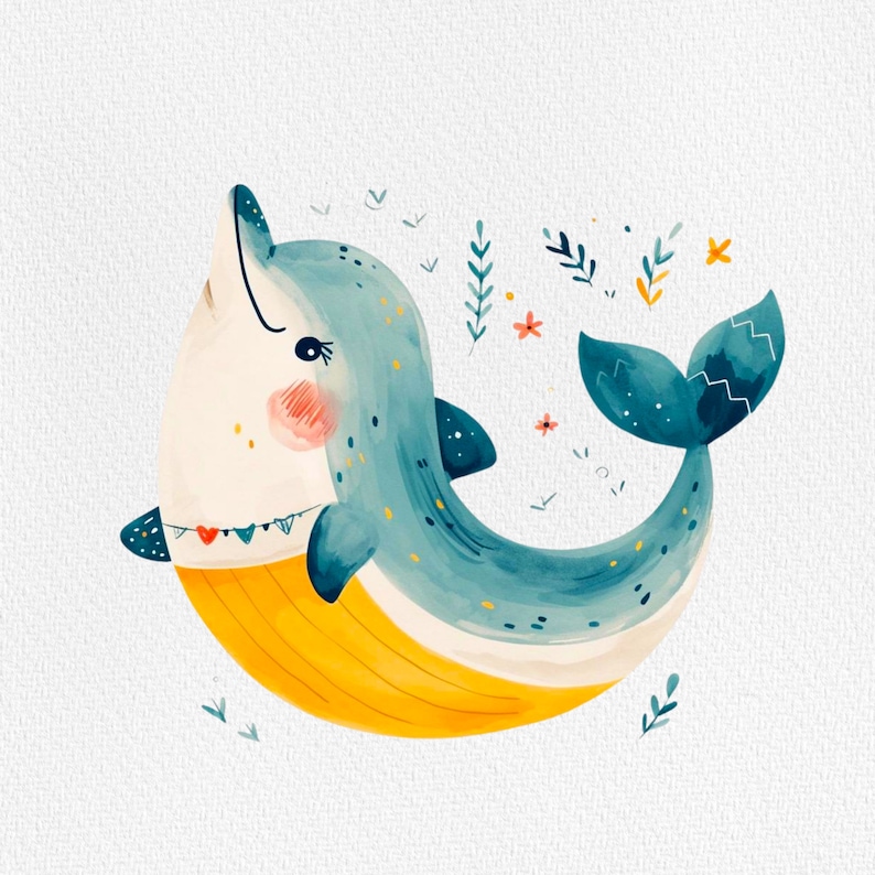 Peut inclure: Illustration &agrave; l'aquarelle d'une baleine de dessin anim&eacute; avec un corps bleu clair, un ventre jaune et une queue bleu fonc&eacute;. La baleine a une expression souriante avec des joues roses et est d&eacute;cor&eacute;e de petites fleurs et de feuilles.