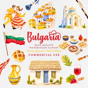 Watercolor Bulgaria clipart, Bulgarian folklore, Traditional, man and woman dancing, Bulgarian rose, Bulgarian clothes, Commercial Use.