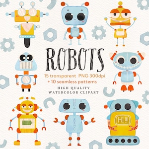 Robot aquarel clipart, kinderen, jongens, monteur, techniek, karakter, metaal, babyshower, kinderkamer, robotica, digitale download