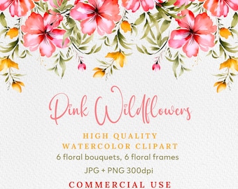Aquarell Rosa Wildblumen Clipart: Blumensträuße & Rahmen (PNG, JPG)
