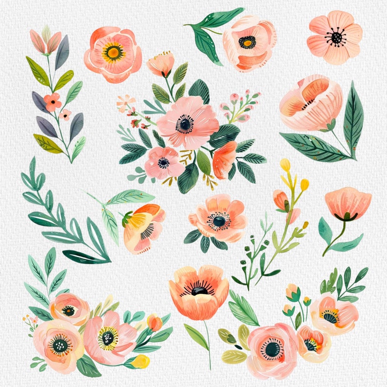 Pu&ograve; includere: Un'illustrazione digitale di fiori rosa e bianchi con foglie e steli verdi. I fiori sono disposti in una variet&agrave; di motivi e dimensioni, creando un design fantasioso e delicato.