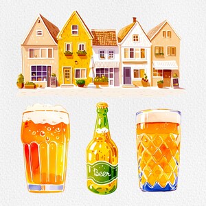 May include: A digital illustration of three glasses of beer, two with a foamy head and one with a clear liquid, and a bottle of beer with the word "Beer" on the label. The illustration is set against a background of colorful cartoon houses.