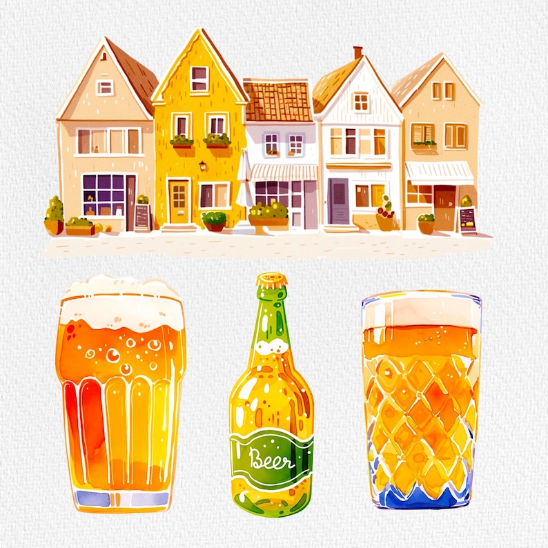May include: A digital illustration of three glasses of beer, two with a foamy head and one with a clear liquid, and a bottle of beer with the word "Beer" on the label. The illustration is set against a background of colorful cartoon houses.