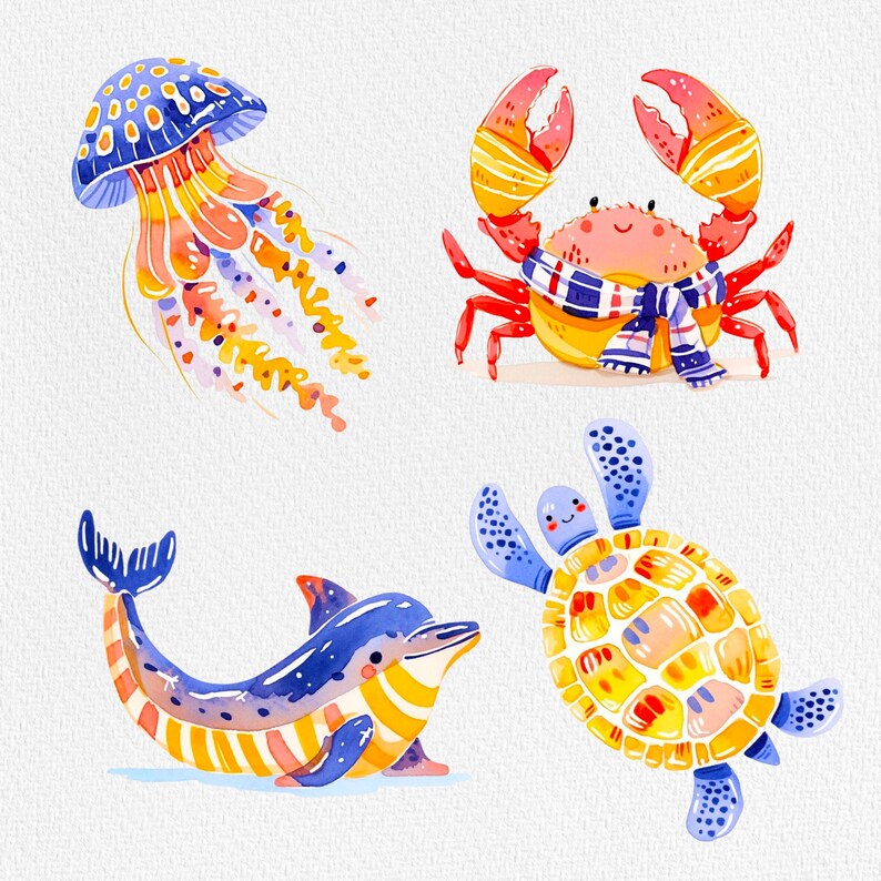 Pu&ograve; includere: Un set di quattro illustrazioni ad acquerello che rappresentano una medusa, un granchio, una tartaruga marina e un delfino. La medusa &egrave; blu e bianca con un motivo giallo e arancione. Il granchio &egrave; rosso e arancione con una sciarpa a strisce blu e bianche. La tartaruga marina &egrave; blu e gialla con un guscio marrone. Il delfino &egrave; blu e giallo con una striscia bianca.