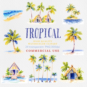 Watercolor Palm Clipart, Palm Trees, Tropical Clipart, Palm Trees PNG, Palm Trees Clipart, Huts Clipart, Watercolor Clipart, Commercial Use.