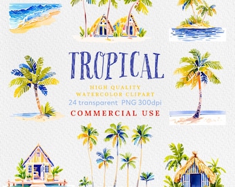 Watercolor Palm Tree Clipart: Tropical PNG Graphics (Commercial Use)