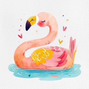 May include: A pink flamingo with yellow and red accents floats in a blue pool of water. The flamingo has its eyes closed and is surrounded by hearts.
