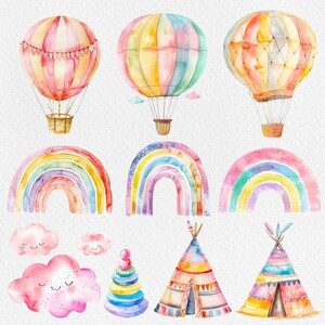 Pu&ograve; includere: Illustrazione ad acquerello di mongolfiere, arcobaleni e tepee. I palloncini sono rosa, gialli e blu con accenti bianchi. Gli arcobaleni sono multicolori e i tepee sono marroni, rossi e gialli.