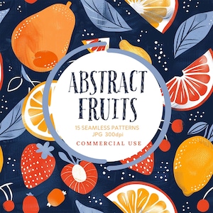 Patrón sin costuras de frutas abstractas, fondo digital en neón de arco iris, papeles imprimibles de frutas, papel para álbumes de recortes, uso comercial.