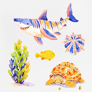 Pu&ograve; includere: Un'illustrazione ad acquerello di una scena sottomarina colorata con uno squalo, una tartaruga, un pesce, un corallo e alghe.