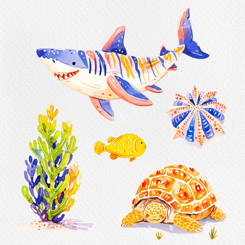 Pu&ograve; includere: Un'illustrazione ad acquerello di una scena sottomarina colorata con uno squalo, una tartaruga, un pesce, un corallo e alghe.