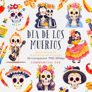 Clipart Dia de los Muertos, lot numérique Halloween, clipart mexicain, personnages mignons du jour des morts, usage commercial, crânes en sucre.