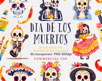 Dia de Los Muertos Clipart, Halloween Digital Bundle, Mexican clip art, Day of the Dead cute characters,  Commercial Use , Sugar Skulls.