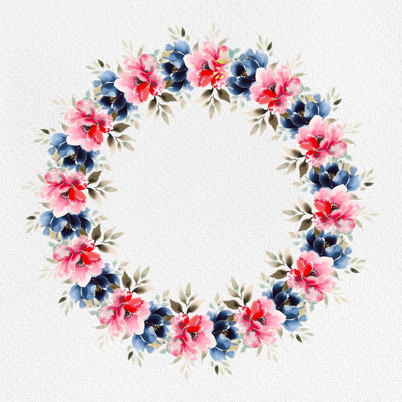 Blush Pink & Navy Blue Floral Clipart Frame Spring Wreath Border ...