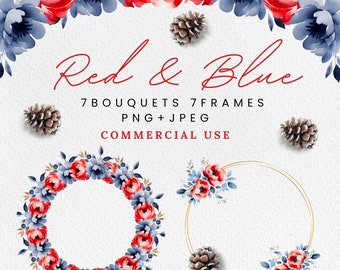 Watercolor red floral clipart, Vintage red and blue flowers clipart, Hand painted blue and red rose bouquets PNG, Christmas Watercolor.