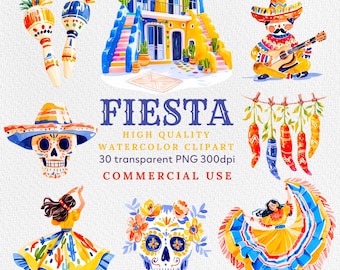 Watercolor Fiesta Clipart: Cinco De Mayo PNG Designs (Digital Download)