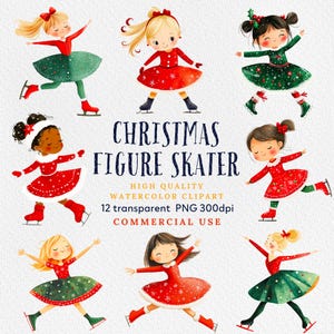 Weihnachten Eislaufen Clipart, Weihnachten Aquarell Eiskunstlauf Clipart, Skater Illustration Frau, Skating Karte machen, kommerzielle Nutzung.