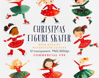 Clipart de patinaje artístico navideño: ilustraciones de patinadores en acuarela (uso comercial)