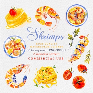 Imágenes prediseñadas de camarones de acuarela, camarones salvajes, camarones cocidos PNG, imágenes prediseñadas de mariscos, acuarela de pasta, patrón de pasta de camarones, camarones PNG, pasta png.