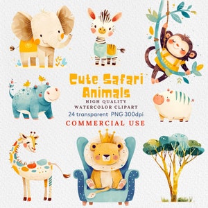 Clipart animaux safari aquarelle, mignon bébé safari animaux clipart PNG, clipart jungle, illustration animaux d'Afrique, téléchargement numérique.