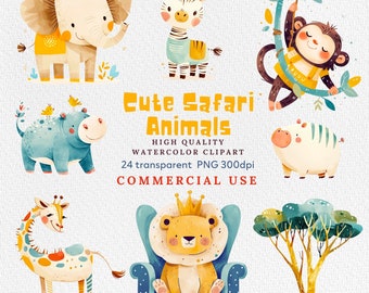 Aquarell Safari Tiere Clipart, niedliche Baby Safari Tiere Clipart PNG, Dschungel Clipart, Afrika Tiere Illustration, digitaler Download.