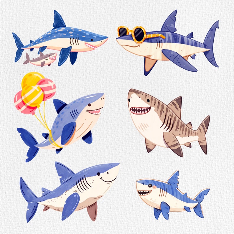 Puede incluir: Un conjunto de nueve ilustraciones de tiburones de dibujos animados coloridos. Los tiburones est&aacute;n en varias poses, incluyendo nadar, saltar y usar gafas de sol. Algunos tiburones tienen globos atados a ellos.