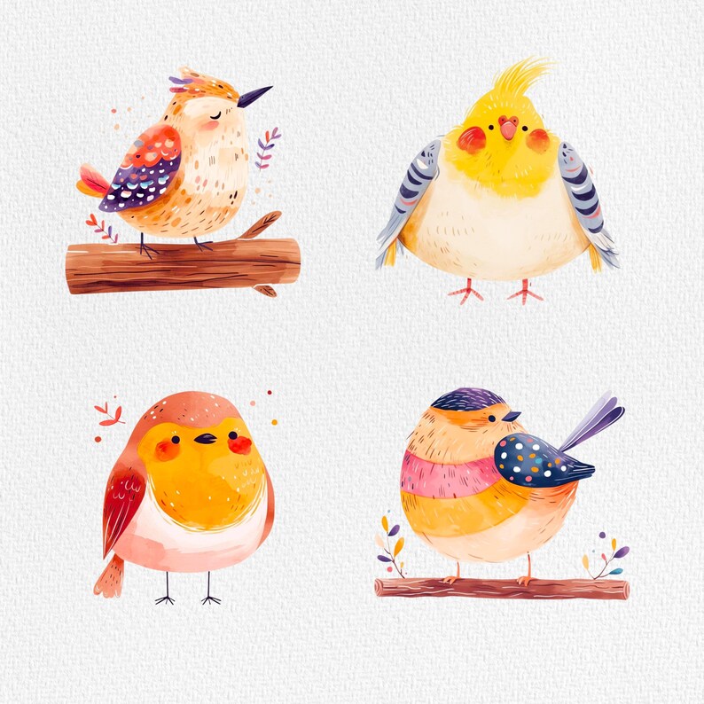 May include: Four watercolor illustrations of birds. A yellow bird with a red crest, a brown bird with a red crest, a red and orange bird with a yellow beak, and a blue and yellow bird with a red and yellow beak.