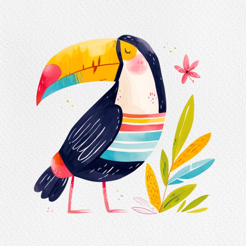 May include: A colorful cartoon toucan with a large yellow beak and blue, white, and pink stripes on its body. The toucan is standing on a white background with green leaves and a pink flower.