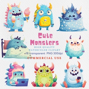 Aquarell Monster Clipart, sofortiger Download, Monster, Monster Doodles, gruselige Kreaturen, Kinderaktivitäten, niedliche Monster PNG.