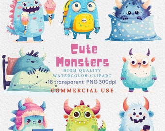 Watercolor Monsters Clipart, Instant Download, Critters, Monster Doodles, Creepy Creatures, Kid's Activities, Cute Monsters PNG.