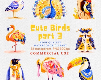 Bird Clipart Bundle PNG Images of Birds for Digital Scrapbooking, Card Making, Instant Download of Bird Clipart, Watercolor Cute Birds PNG.