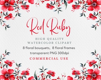 Flores rojas en acuarela PNG: Imágenes prediseñadas florales, ramos y marcos (descarga digital)