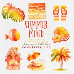 Clipart été PNG - Bundle de cliparts piscine mignon - Clipart plage aquarelle - usage Commercial - Clipart vacances vacances