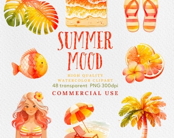 Watercolor Summer Clipart Bundle: Beach Vacation PNG (Commercial Use)
