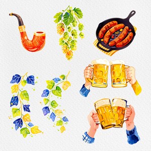 May include: A set of illustrations featuring a pipe, hops, sausages, beer mugs, and leafy vines. The illustrations are in a cartoon style and are perfect for a craft brewery or pub.