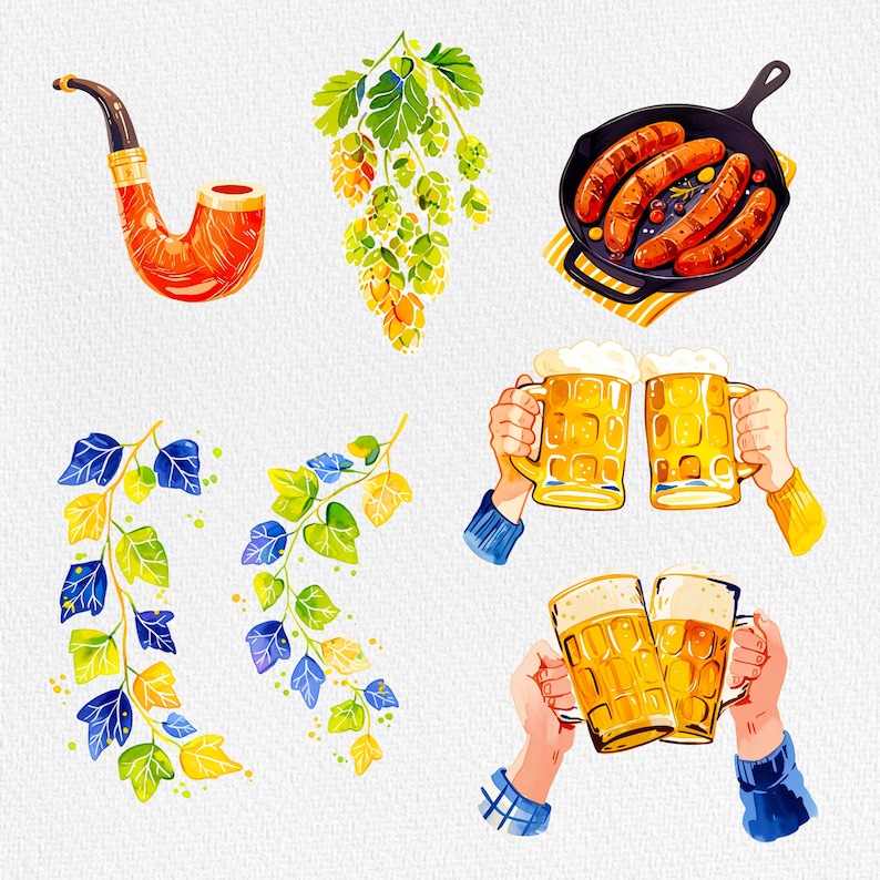 May include: A set of illustrations featuring a pipe, hops, sausages, beer mugs, and leafy vines. The illustrations are in a cartoon style and are perfect for a craft brewery or pub.