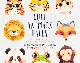 Animal faces Clipart, Safari animals, Cute Animal Faces, cats, dogs, bears, lamb, lion, fox, zebra, Frog clipart, commercial use, PNG.
