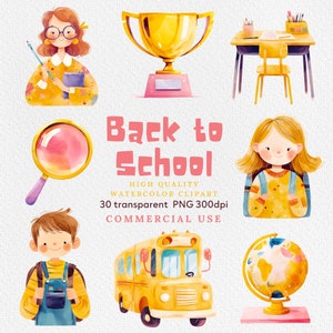 May include: A set of watercolor illustrations for back to school. The illustrations include a girl with a backpack, a boy with a backpack, a school bus, a globe, a magnifying glass, a trophy, a desk with a chair, and a girl with a book. The illustrations are in a cartoon style and are perfect for use in classroom decorations, invitations, or other school-related projects.