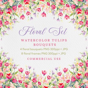 Pastel Pink and Red Tulips Bouquet Watercolor Clip Art/ Floral Clipart/ Commercial use/ Watercolor Flowers Bouquet / Floral wedding Decor