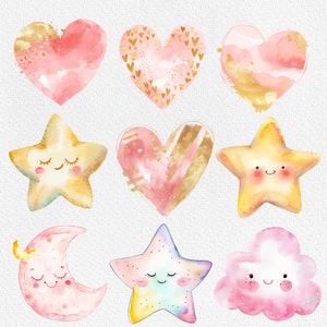 Pu&ograve; includere: Un set di nove illustrazioni ad acquerello con cuori, stelle e una nuvola. Le illustrazioni sono in tonalit&agrave; di rosa, giallo e oro con uno stile fantasioso e da cartone animato. Ogni illustrazione ha un viso sorridente.