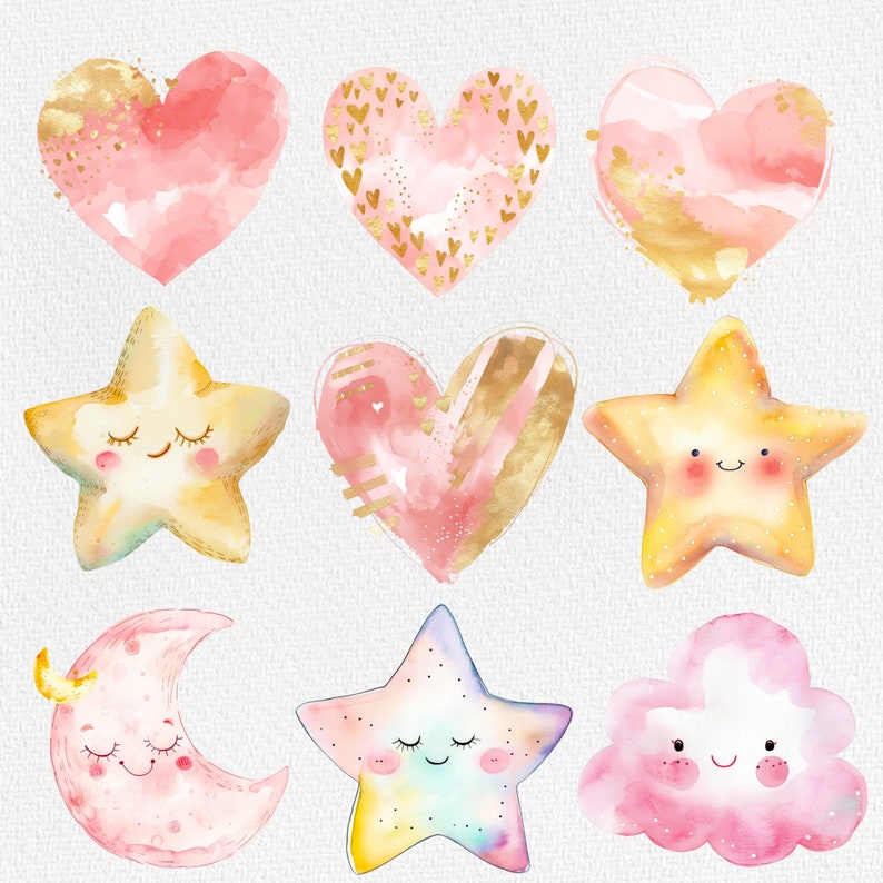 Pu&ograve; includere: Un set di nove illustrazioni ad acquerello con cuori, stelle e una nuvola. Le illustrazioni sono in tonalit&agrave; di rosa, giallo e oro con uno stile fantasioso e da cartone animato. Ogni illustrazione ha un viso sorridente.
