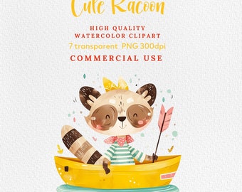 Conjunto de imágenes prediseñadas de mapache de acuarela: lindo mapache PNG, imágenes prediseñadas de guardería, descarga digital, paquete de imágenes prediseñadas, animales del bosque, imágenes prediseñadas de niños lindos.