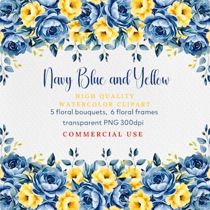 Flores de acuarela en tonos azul polvoriento y amarillo PNG Clipart, paquete de imágenes prediseñadas florales de acuarela: ramos, coronas, marcos, elementos, flores de boda
