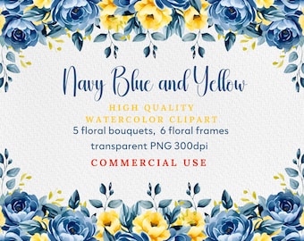 Watercolor Dusty Blue and Yellow Flowers PNG Clipart, Watercolor Floral Clipart Bundle - Bouquets, Wreaths, Frames, Elements, Wedding Floral