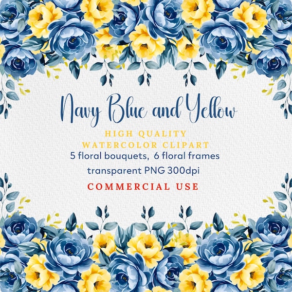 Watercolor Dusty Blue and Yellow Flowers PNG Clipart, Watercolor Floral Clipart Bundle - Bouquets, Wreaths, Frames, Elements, Wedding Floral