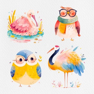 May include: A watercolor illustration of four different birds. A pink flamingo, a blue and yellow crane, a blue and yellow owl, and a red and yellow owl wearing glasses.