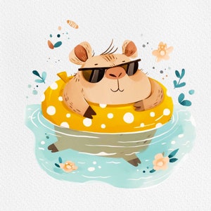 May include: A cartoon animal wearing sunglasses floats in a yellow and white polka dot inflatable ring in blue water. The animal has brown fur and a white belly.